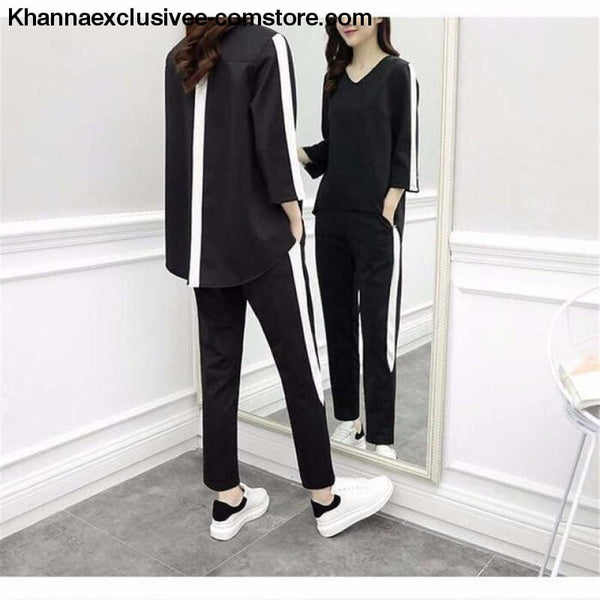 Fashionable Womens Outfit Tracksuit Sportswear Top and Pants Ruffles Striped Set - as picture 2 / L - Fashionable Womens Outfit Tracksuit