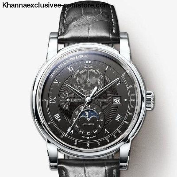 LOBINNI Luxury Brand Mens Moon Phase Automatic Mechanical Sapphire Leather World Time Wrist Watch - Item 2 - LOBINNI Luxury Brand Mens Moon