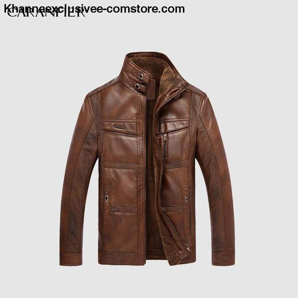 Mens Biker Leather Warm Motorcycle Zipper Top Quality Outerwear Jacket Coat - CARANFIER Mens Biker Leather Winter Warm Jackets