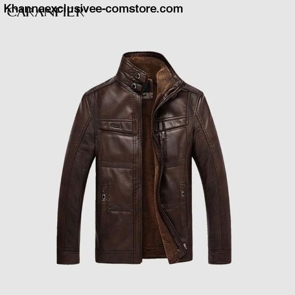Mens Biker Leather Warm Motorcycle Zipper Top Quality Outerwear Jacket Coat - Deep Coffee / 4XL - CARANFIER Mens Biker Leather Winter Warm