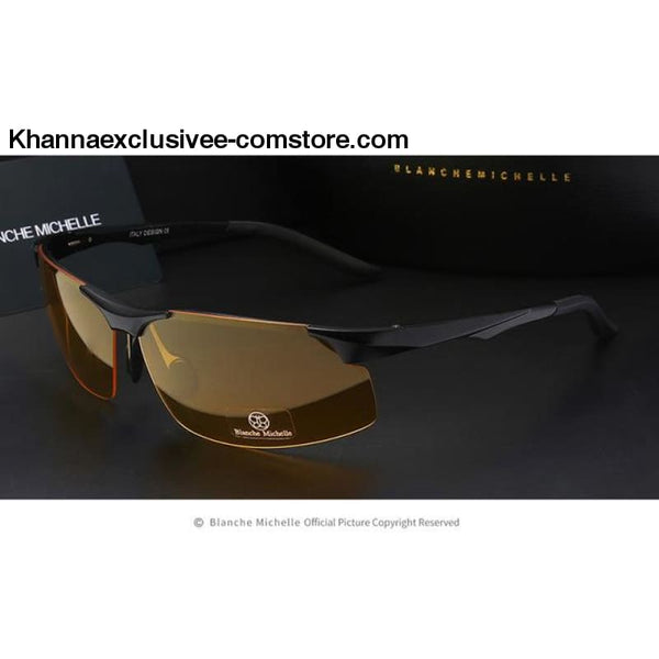 Mens Branded Polarized Sports Driving Night Vision Goggles Fishing UV 400 Rimless Sunglasses - black yellow - Aluminum Magnesium Men