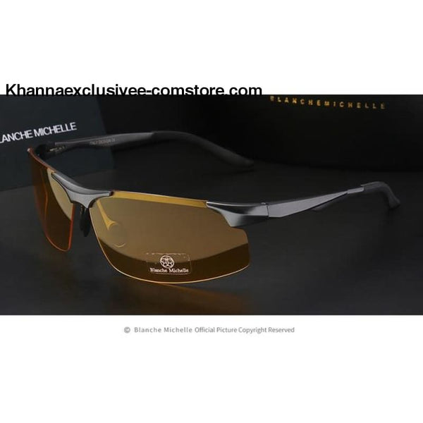 Mens Branded Polarized Sports Driving Night Vision Goggles Fishing UV 400 Rimless Sunglasses - gray yellow - Aluminum Magnesium Men