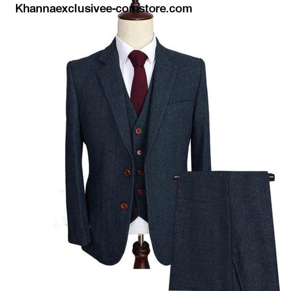 Mens Wool Tweed Suits 3 Pieces Formal Lapel Notch Tuxedos Winter Blazer+Vest+Pants - Navy Blue / XS - Mens Wool Tweed Suits 3 Pieces Formal