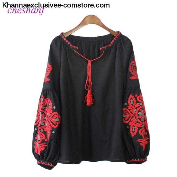 New Ethnic Embroidery Floral Blouse Ladies Long Sleeve Shirt Vintage Tassel Lace Up Collar Blouse - New Ethnic Embroidery Floral Blouse