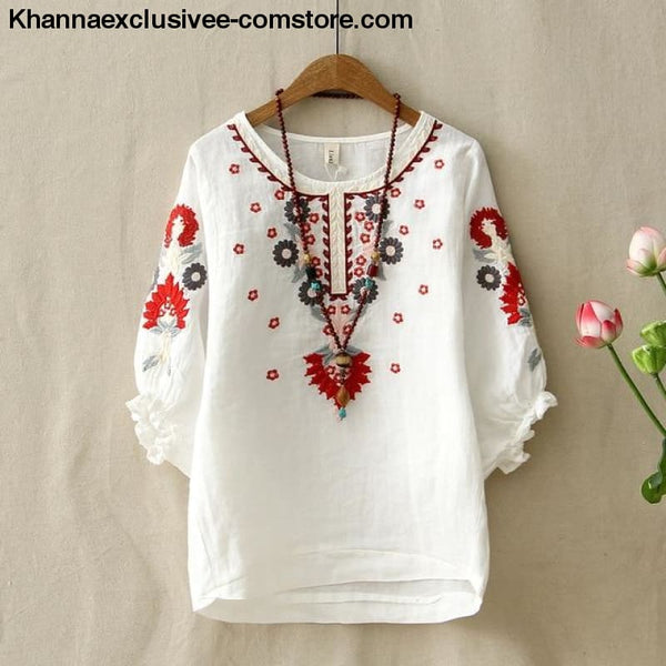 Womens Ethnic Vintage White Floral Embroidered Blouse Loose Half Lantern Sleeve Top Casual Shirt - White / One Size - Ethnic Vintage Womens