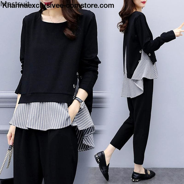 Womens Striped Splicing Long Sleeve Tops And Harem Pants Set Casual Office 2 Piece Suit Set - Womens Striped Splicing Long Sleeve Tops And