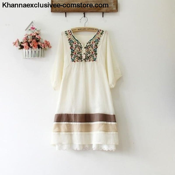 Womens Summer Embroidered Ethnic style stitching loose half sleeve female Cotton Long Blouse Top - Beige / One Size - Womens Summer