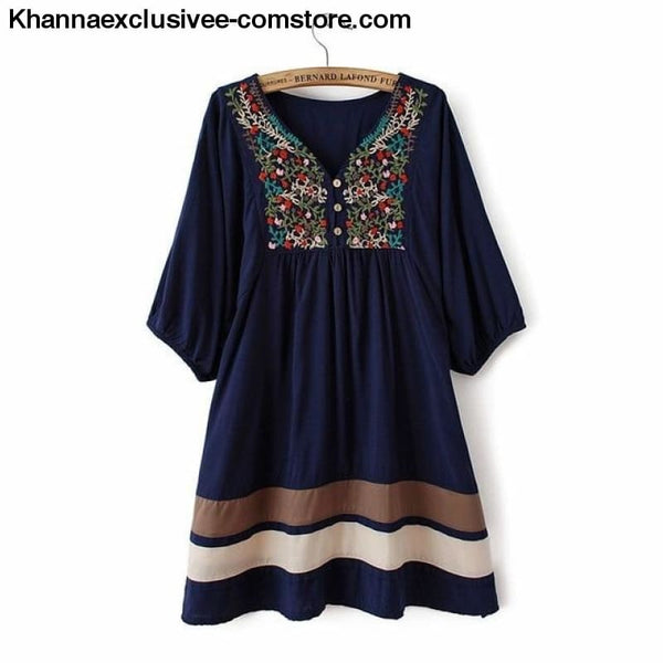 Womens Summer Embroidered Ethnic style stitching loose half sleeve female Cotton Long Blouse Top - Blue / One Size - Womens Summer