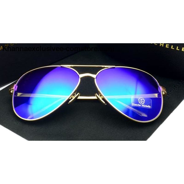 High Quality Women Polarized UV 400 Sunglasses Mirror Pilot Branded Designer Pink Lens Goggles - Gold frame Blue - High Quality Women
