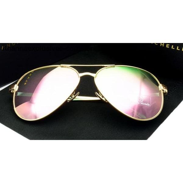 High Quality Women Polarized UV 400 Sunglasses Mirror Pilot Branded Designer Pink Lens Goggles - Gold frame Pink - High Quality Women