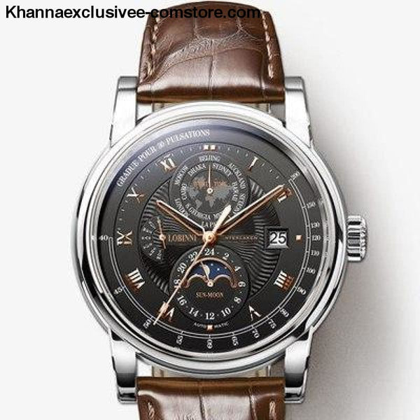 LOBINNI Luxury Brand Mens Moon Phase Automatic Mechanical Sapphire Leather World Time Wrist Watch - Item 4 - LOBINNI Luxury Brand Mens Moon