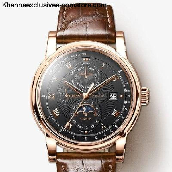 LOBINNI Luxury Brand Mens Moon Phase Automatic Mechanical Sapphire Leather World Time Wrist Watch - Item 6 - LOBINNI Luxury Brand Mens Moon