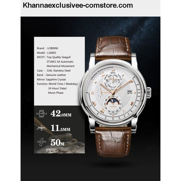 LOBINNI Luxury Brand Mens Moon Phase Automatic Mechanical Sapphire Leather World Time Wrist Watch - LOBINNI Luxury Brand Mens Moon Phase