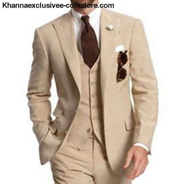 Mens Beige Three Piece Business Party Suits Peaked Lapel Two Button Custom Made Wedding Groom Tuxedos - Mens Beige Three Piece Business