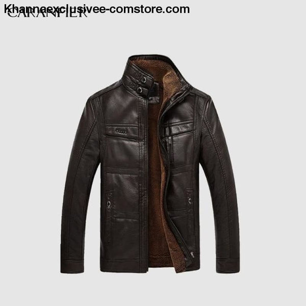 Mens Biker Leather Warm Motorcycle Zipper Top Quality Outerwear Jacket Coat - Black Coffee / 4XL - CARANFIER Mens Biker Leather Winter Warm