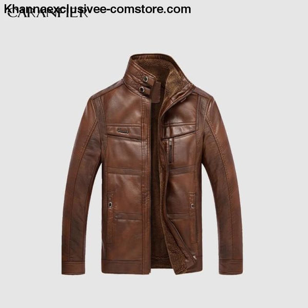 Mens Biker Leather Warm Motorcycle Zipper Top Quality Outerwear Jacket Coat - Light Coffee / 4XL - CARANFIER Mens Biker Leather Winter Warm