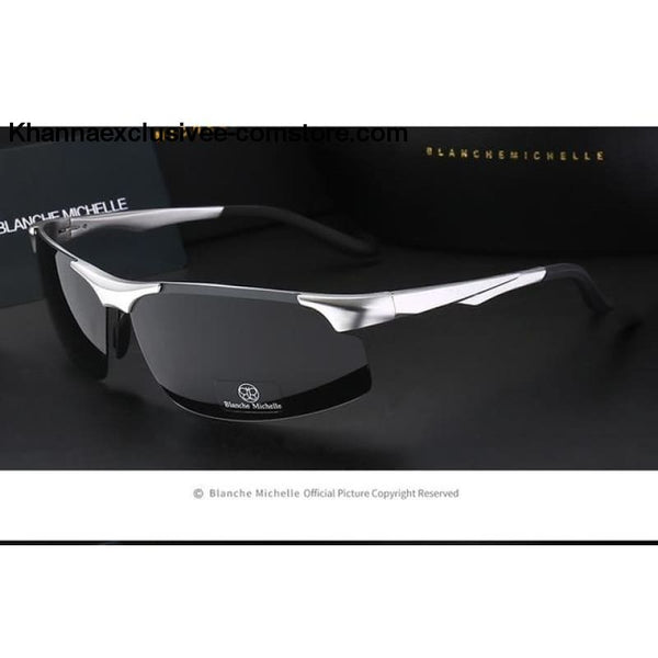 Mens Branded Polarized Sports Driving Night Vision Goggles Fishing UV 400 Rimless Sunglasses - silver black - Aluminum Magnesium Men