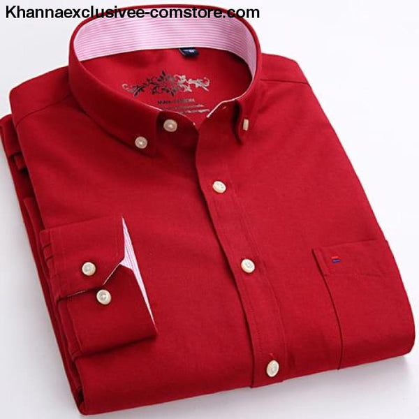Mens Long Sleeve Solid Shirt with Chest Pocket High-quality Tops Button Down Shirts - Red / M - Mens Long Sleeve Solid Oxford Dress Shirt
