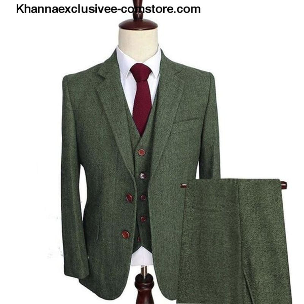 Mens Wool Tweed Suits 3 Pieces Formal Lapel Notch Tuxedos Winter Blazer+Vest+Pants - Army Green / XS - Mens Wool Tweed Suits 3 Pieces Formal