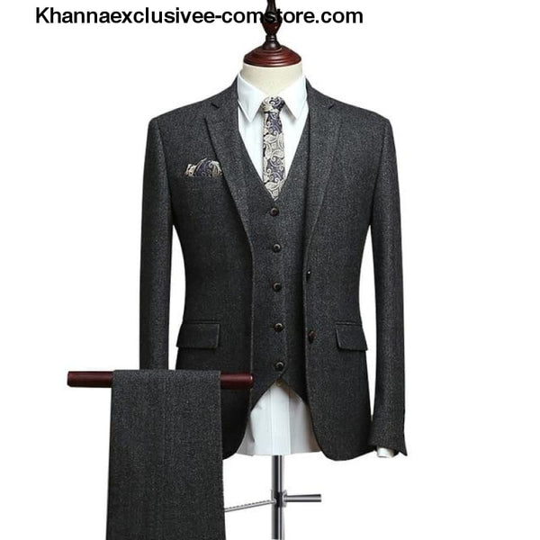 Mens Wool Tweed Suits 3 Pieces Formal Lapel Notch Tuxedos Winter Blazer+Vest+Pants - Black / XS - Mens Wool Tweed Suits 3 Pieces Formal