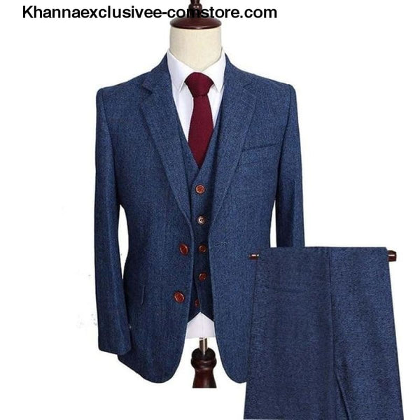 Mens Wool Tweed Suits 3 Pieces Formal Lapel Notch Tuxedos Winter Blazer+Vest+Pants - Blue / XS - Mens Wool Tweed Suits 3 Pieces Formal Lapel