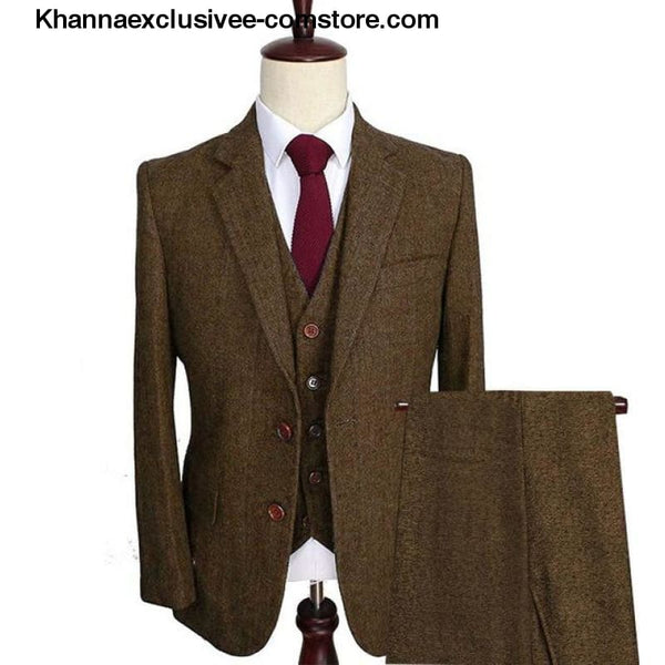 Mens Wool Tweed Suits 3 Pieces Formal Lapel Notch Tuxedos Winter Blazer+Vest+Pants - Brown / XS - Mens Wool Tweed Suits 3 Pieces Formal