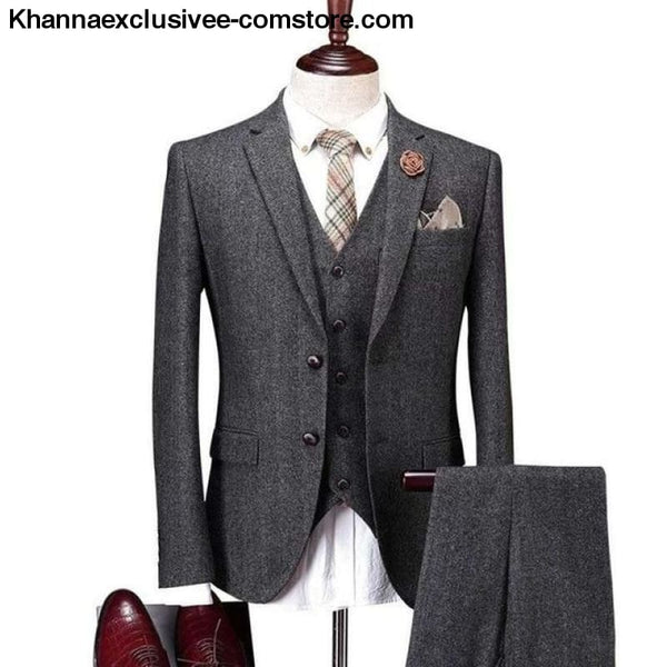 Mens Wool Tweed Suits 3 Pieces Formal Lapel Notch Tuxedos Winter Blazer+Vest+Pants - Gray / XS - Mens Wool Tweed Suits 3 Pieces Formal Lapel