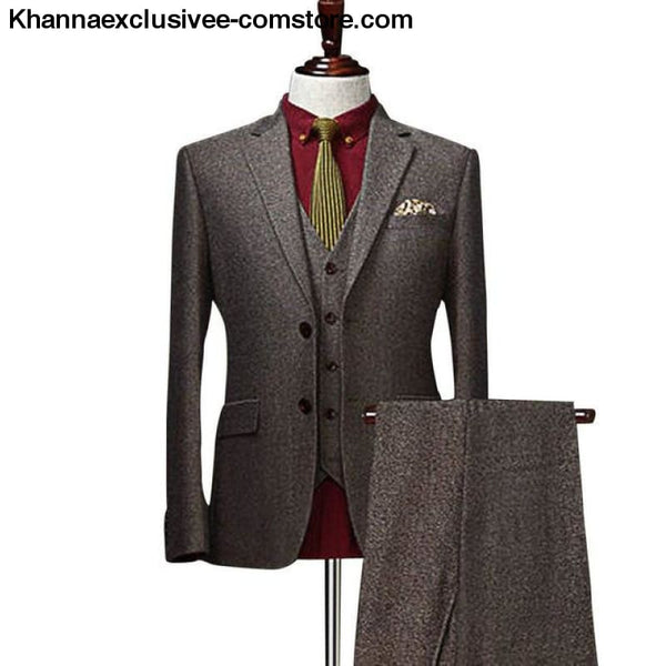 Mens Wool Tweed Suits 3 Pieces Formal Lapel Notch Tuxedos Winter Blazer+Vest+Pants - Khaki / XS - Mens Wool Tweed Suits 3 Pieces Formal