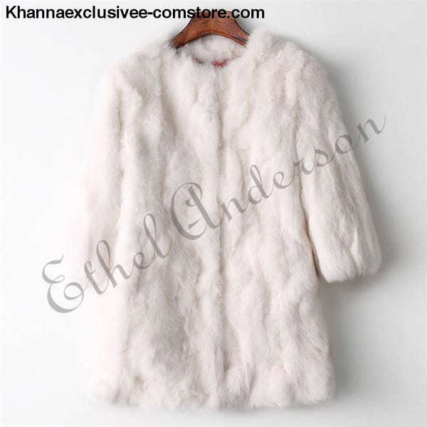 New 100% Real Rabbit Fur Coat Womens O-Neck Long 3/4 Sleeves Vintage Leather Fur Jacket - Beige / XXL Bust 100CM - New 100% Real Rabbit Fur
