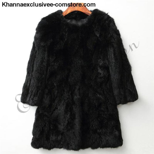 New 100% Real Rabbit Fur Coat Womens O-Neck Long 3/4 Sleeves Vintage Leather Fur Jacket - Black / XXL Bust 100CM - New 100% Real Rabbit Fur