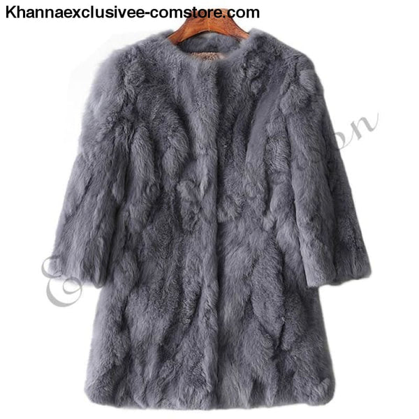 New 100% Real Rabbit Fur Coat Womens O-Neck Long 3/4 Sleeves Vintage Leather Fur Jacket - Dark Grey / XXL Bust 100CM - New 100% Real Rabbit