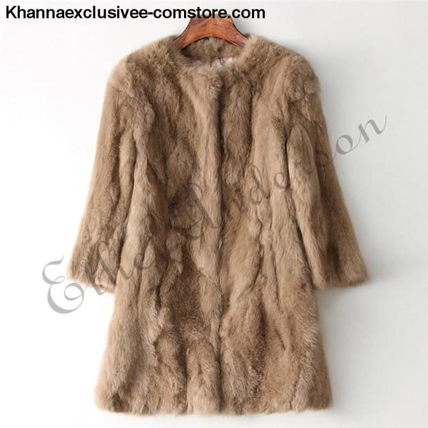 New 100% Real Rabbit Fur Coat Womens O-Neck Long 3/4 Sleeves Vintage Leather Fur Jacket - Khaki / XXL Bust 100CM - New 100% Real Rabbit Fur
