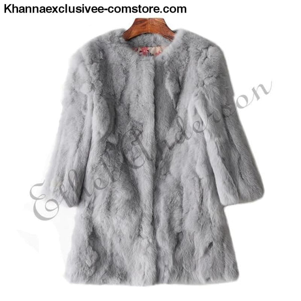 New 100% Real Rabbit Fur Coat Womens O-Neck Long 3/4 Sleeves Vintage Leather Fur Jacket - Light Grey / XXL Bust 100CM - New 100% Real Rabbit