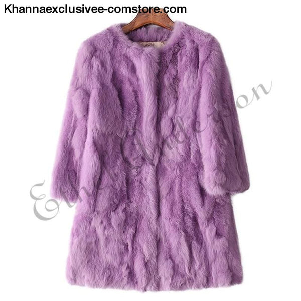 New 100% Real Rabbit Fur Coat Womens O-Neck Long 3/4 Sleeves Vintage Leather Fur Jacket - Purple / XXL Bust 100CM - New 100% Real Rabbit Fur
