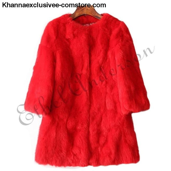 New 100% Real Rabbit Fur Coat Womens O-Neck Long 3/4 Sleeves Vintage Leather Fur Jacket - Red / XXL Bust 100CM - New 100% Real Rabbit Fur