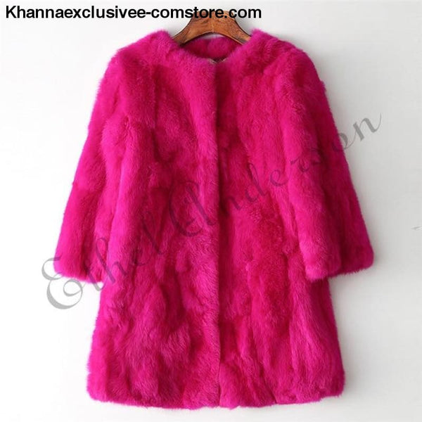 New 100% Real Rabbit Fur Coat Womens O-Neck Long 3/4 Sleeves Vintage Leather Fur Jacket - Rose Red / XXL Bust 100CM - New 100% Real Rabbit