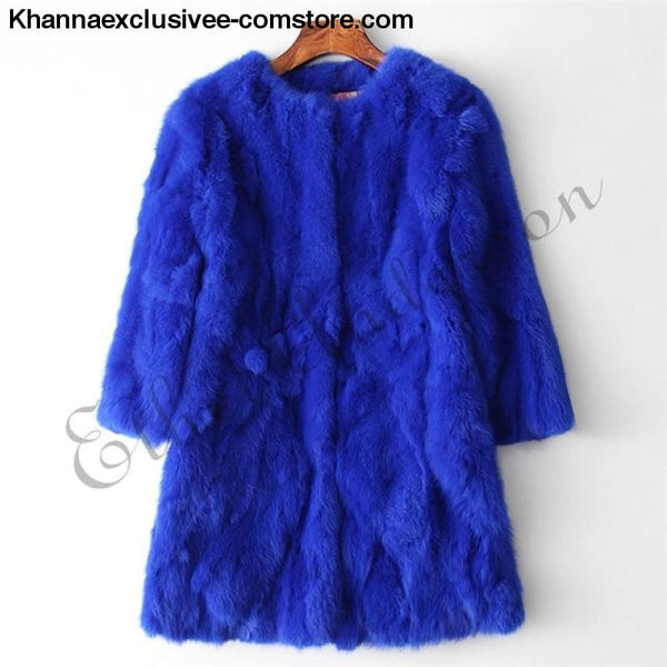 New 100% Real Rabbit Fur Coat Womens O-Neck Long 3/4 Sleeves Vintage Leather Fur Jacket - Royal Blue / XXL Bust 100CM - New 100% Real Rabbit
