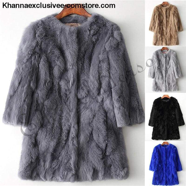New 100% Real Rabbit Fur Coat Womens O-Neck Long 3/4 Sleeves Vintage Leather Fur Jacket - New 100% Real Rabbit Fur Coat Womens O-Neck Long