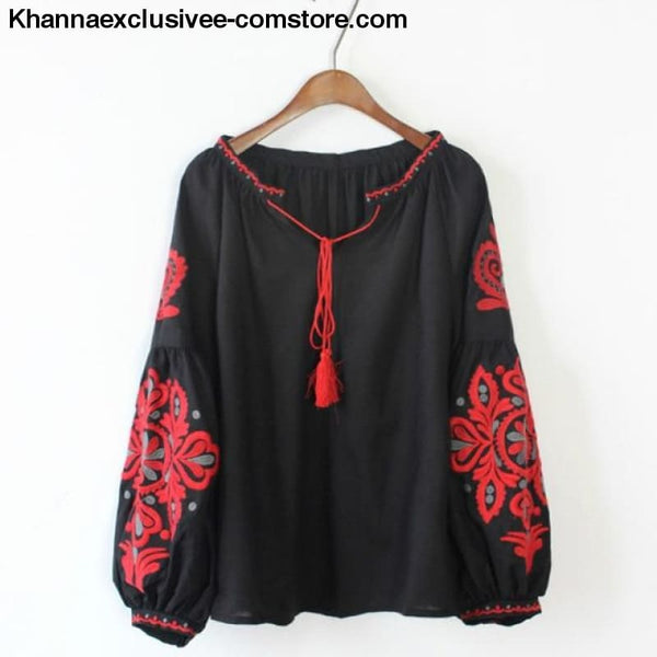 New Ethnic Embroidery Floral Blouse Ladies Long Sleeve Shirt Vintage Tassel Lace Up Collar Blouse - Black / One Size - New Ethnic Embroidery