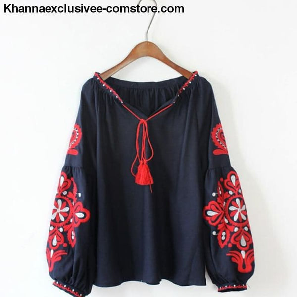 New Ethnic Embroidery Floral Blouse Ladies Long Sleeve Shirt Vintage Tassel Lace Up Collar Blouse - Blue / One Size - New Ethnic Embroidery