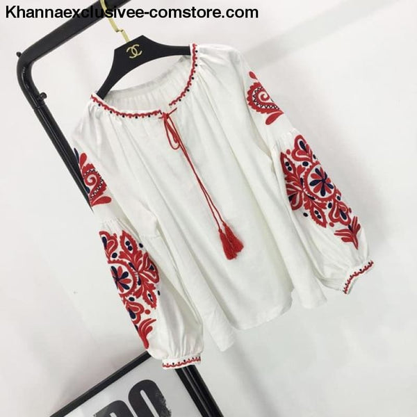 New Ethnic Embroidery Floral Blouse Ladies Long Sleeve Shirt Vintage Tassel Lace Up Collar Blouse - White / One Size - New Ethnic Embroidery