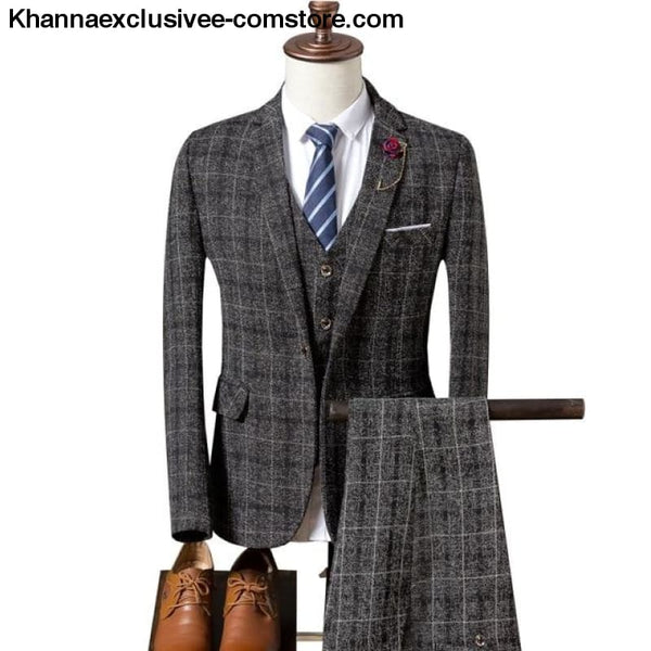 New Fashionable plaid Mens Suit (Jacket+Pant+Vest) Business Elegant Party Comfortable Costume - Dark Grey / S - New Fashionable plaid Mens