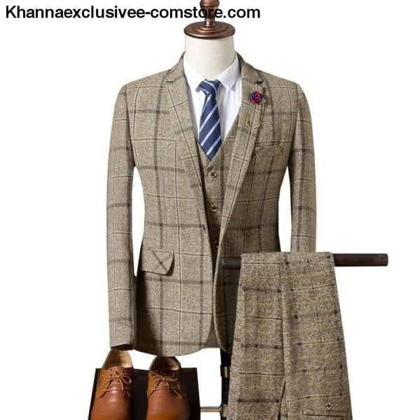 New Fashionable plaid Mens Suit (Jacket+Pant+Vest) Business Elegant Party Comfortable Costume - Khaki / S - New Fashionable plaid Mens Suits