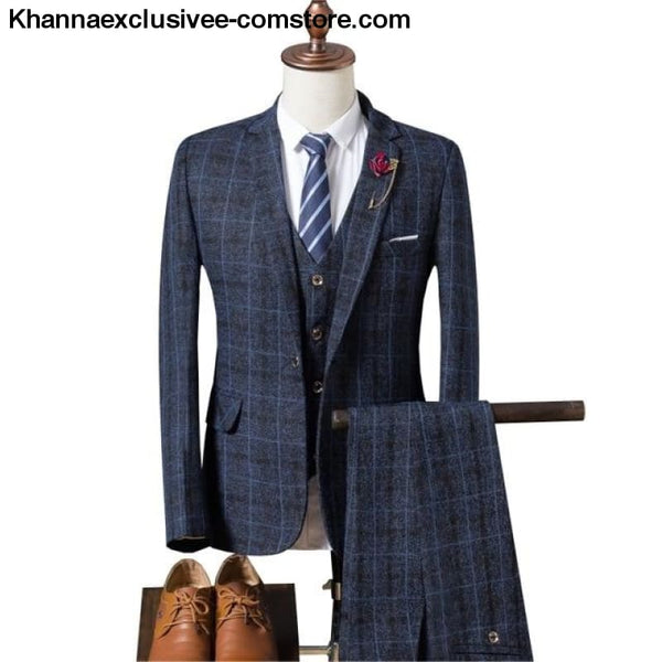 New Fashionable plaid Mens Suit (Jacket+Pant+Vest) Business Elegant Party Comfortable Costume - zang qing / S - New Fashionable plaid Mens