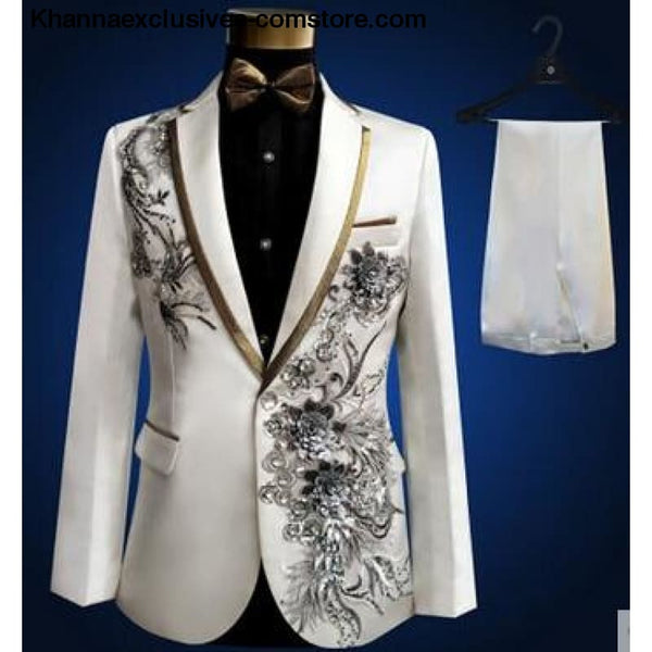 New (jacket+pants+bow tie) male suit set crystals white stones formal groom party dress - 1 / S - New (jacket+pants+bow tie) male suit set
