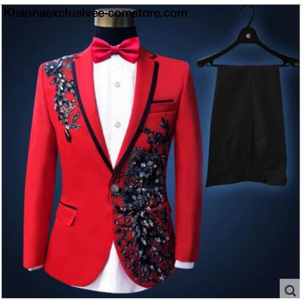 New (jacket+pants+bow tie) male suit set crystals white stones formal groom party dress - 5 / S - New (jacket+pants+bow tie) male suit set