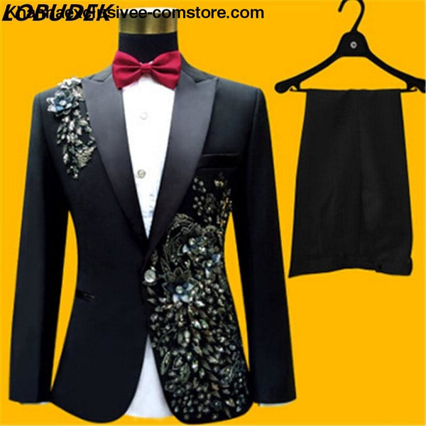 New (jacket+pants+bow tie) male suit set crystals white stones formal groom party dress - New (jacket+pants+bow tie) male suit set blazer