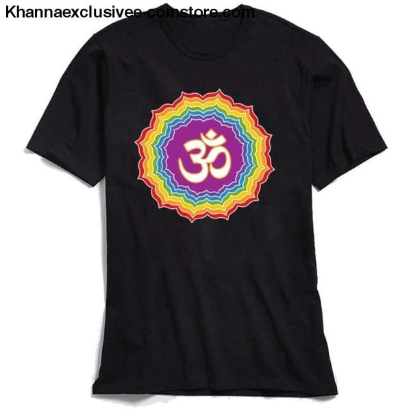 New Mens T-Shirt Printed Om with Seven Chakras Different Colors Tops Tees 100% Cotton O-Neck Short Sleeve Mandala T-shirt - Black / XS - New