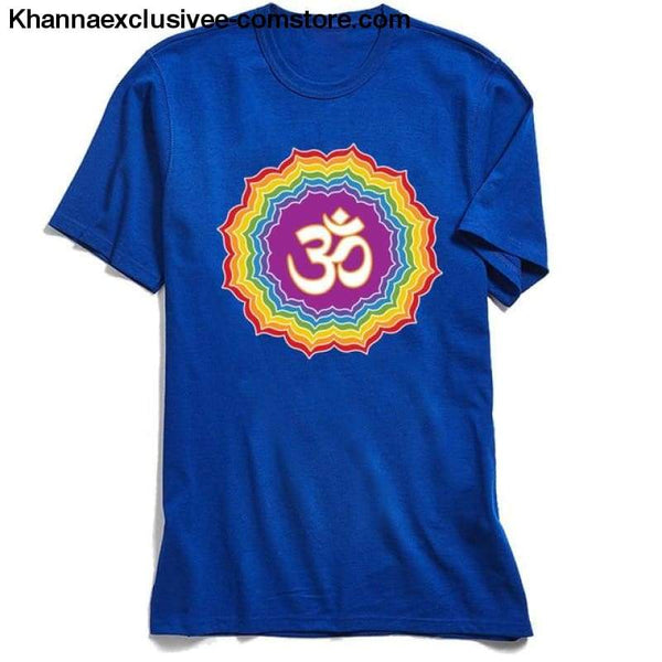 New Mens T-Shirt Printed Om with Seven Chakras Different Colors Tops Tees 100% Cotton O-Neck Short Sleeve Mandala T-shirt - Blue / XS - New