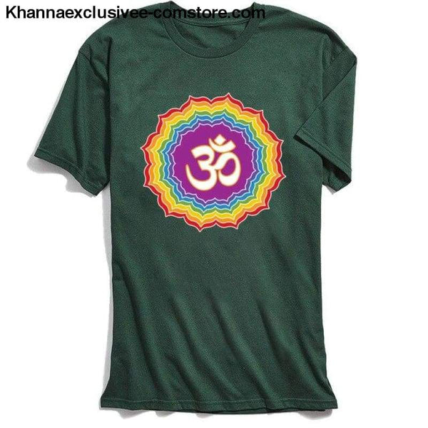 New Mens T-Shirt Printed Om with Seven Chakras Different Colors Tops Tees 100% Cotton O-Neck Short Sleeve Mandala T-shirt - Dark Green / XS